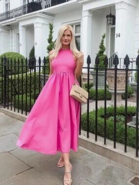 Zara Poplin Halter Midi Dress featuring a gathered bodice and high neckline